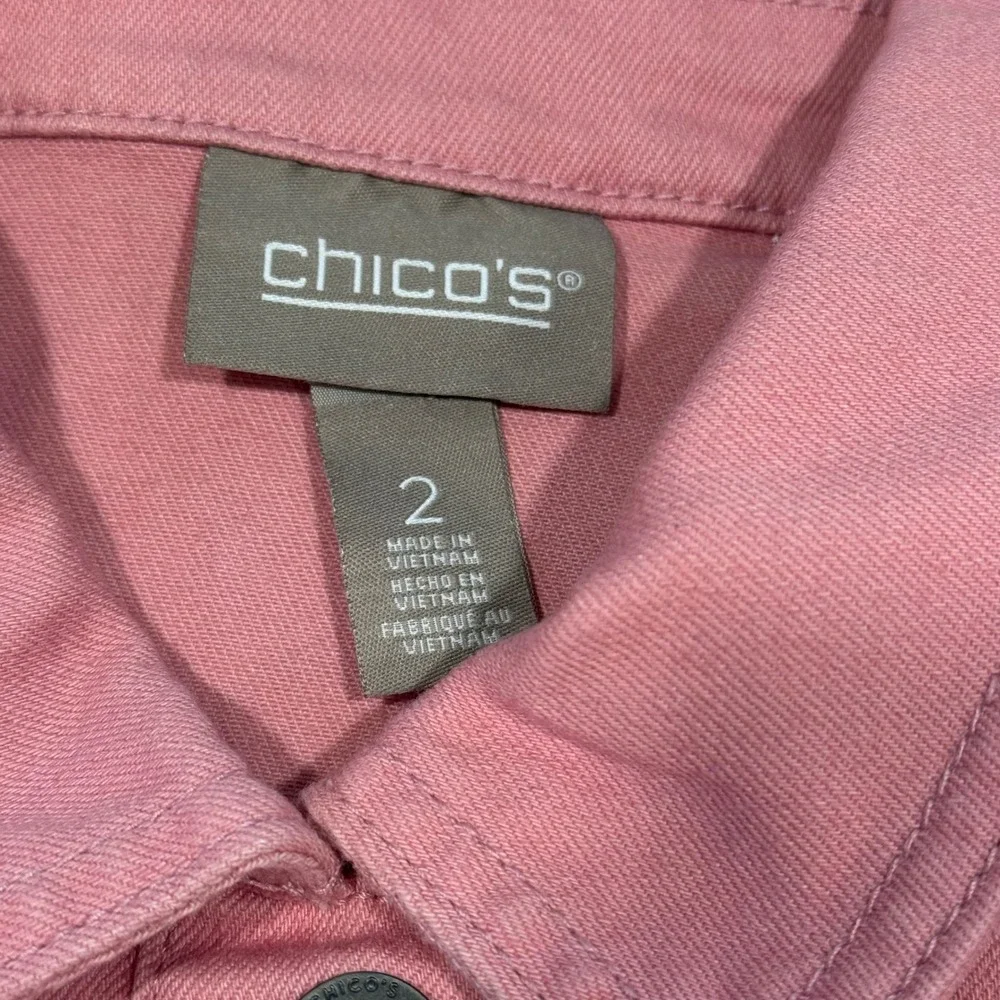 Chicos Women Pink Ruffle Hem Denim Style Jacket Size 2 Large Button Front Twill